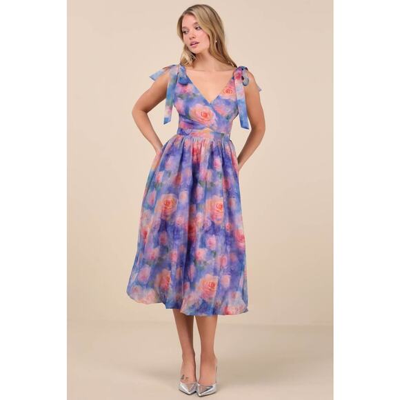 NWT Lulus Flowering Day Dream Purple Floral Organza Midi Bubble Dress Size XXL - Picture 1 of 8